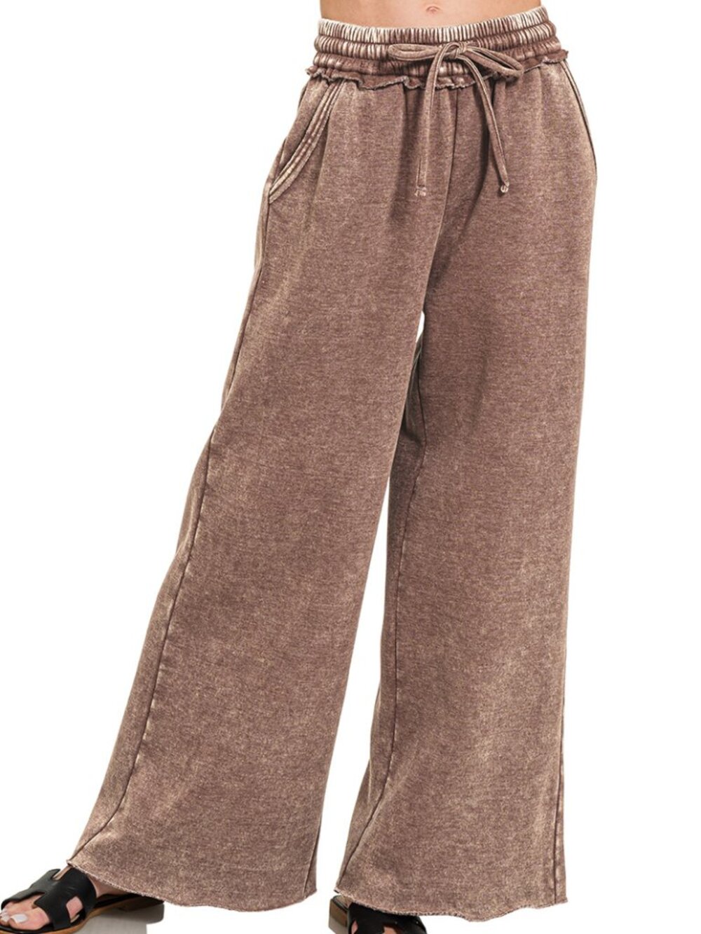 Acid Wash Fleece Wide Leg Palazzo Sweatpants with Pockets in Brown